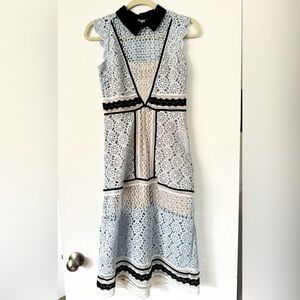 Bebe Sky Blue, Black & White Venetian Lace Midi Dress